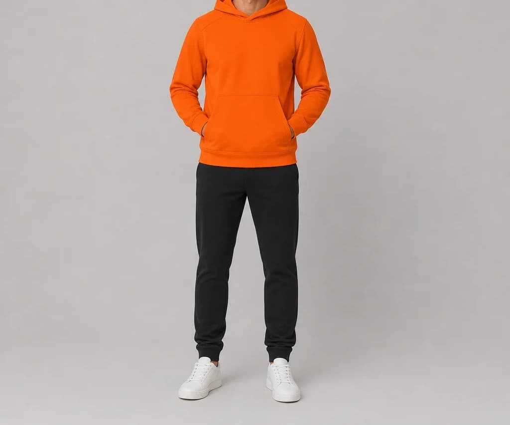 ArcGuard Hoodie in orange, worn, full length