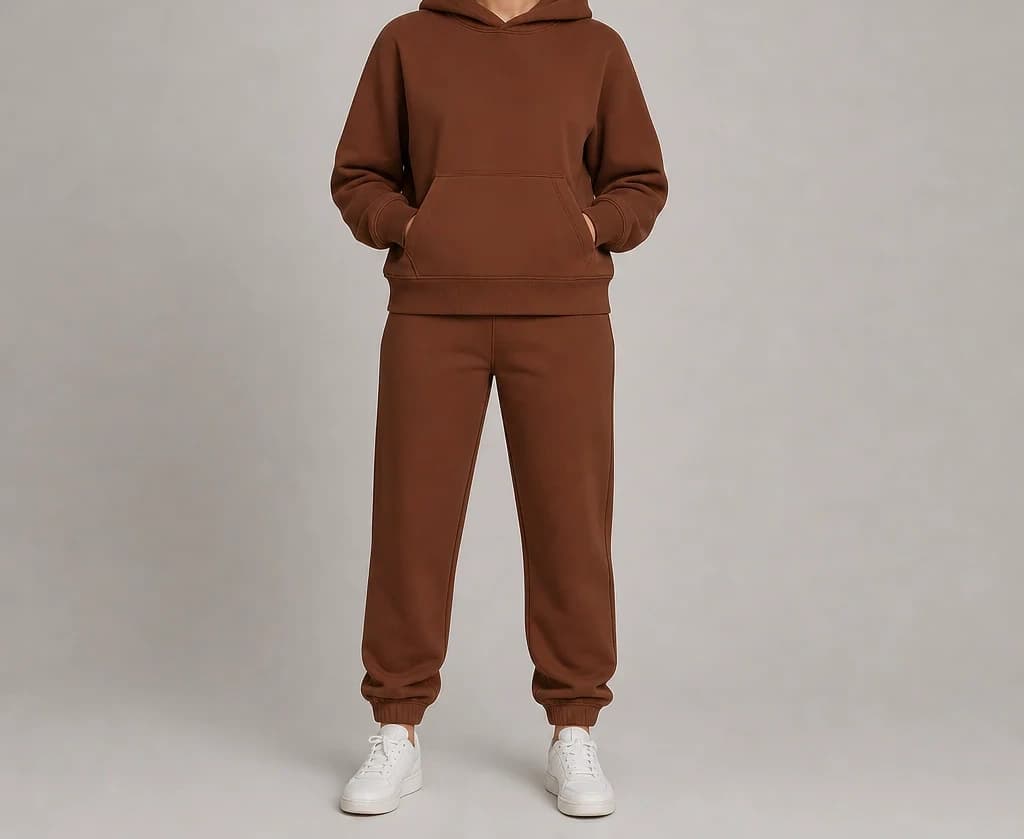 AxisMark Hoodie in brown, worn, full length