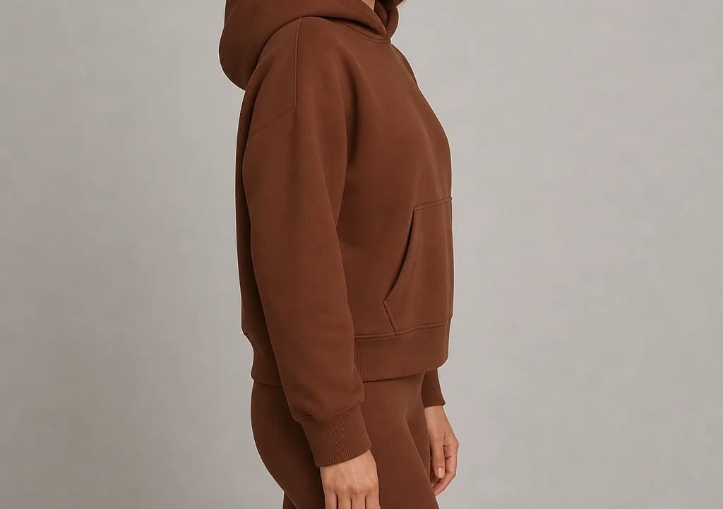 AxisMark Hoodie in brown, worn, side profile