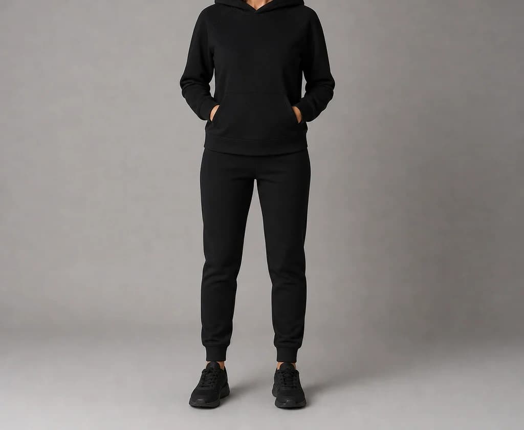 CrestLayer Hoodie in black, worn, full length