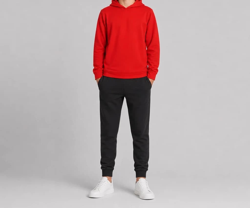 EchoStructure Hoodie in red, worn, full length