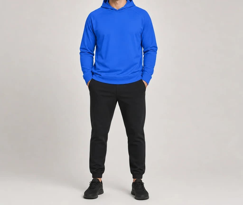 HaloLine Hoodie in blue, worn, full length