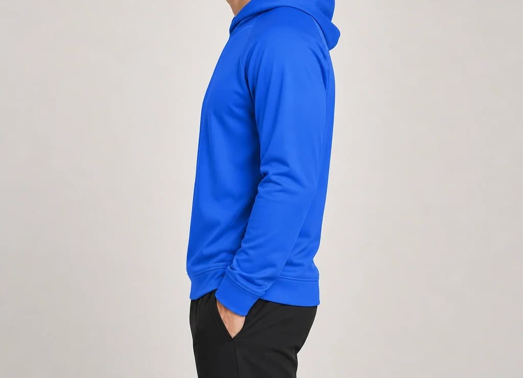 HaloLine Hoodie in blue, worn, side profile