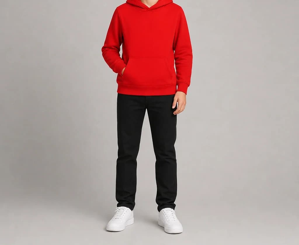 HelixPhase Hoodie in red, worn, full length
