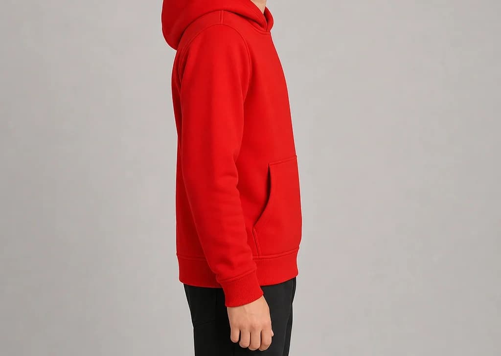 HelixPhase Hoodie in red, worn, side profile