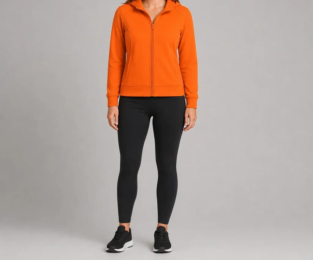 NorthThread Hoodie in orange, worn, full length