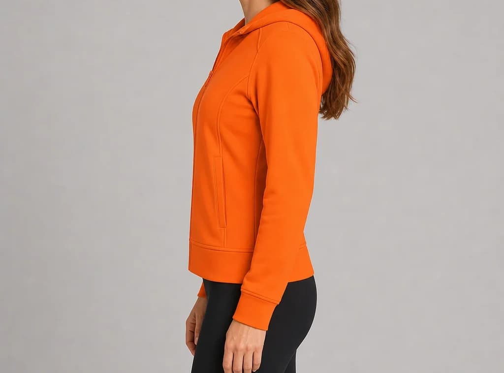NorthThread Hoodie in orange, worn, side profile