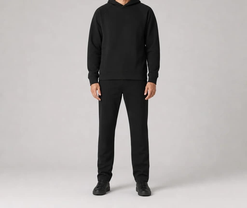 A model in a black PeakDrift Hoodie and trousers