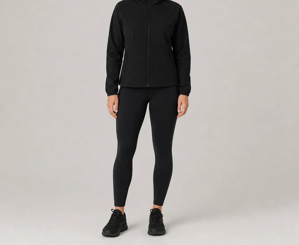 A model in a black VentureField Jacket and leggings