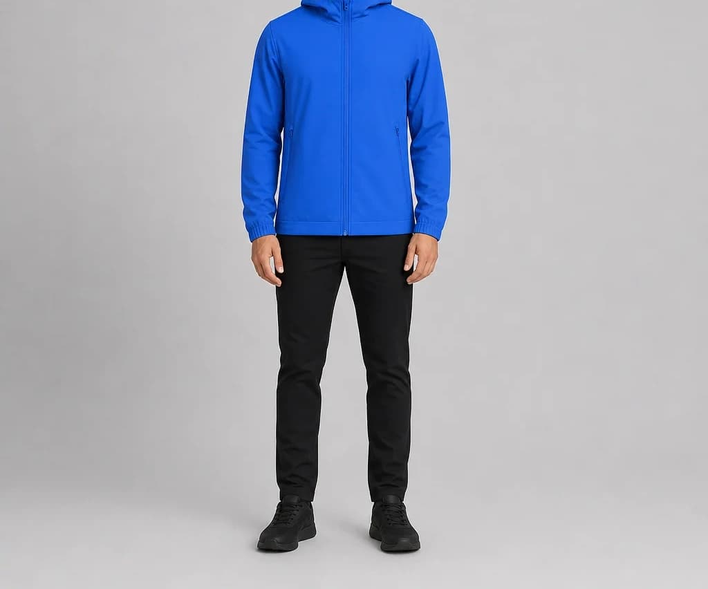 A model in a blue ApexVale Jacket, full length