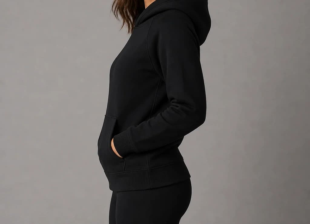 A model in a black CrestLayer Hoodie, side profile