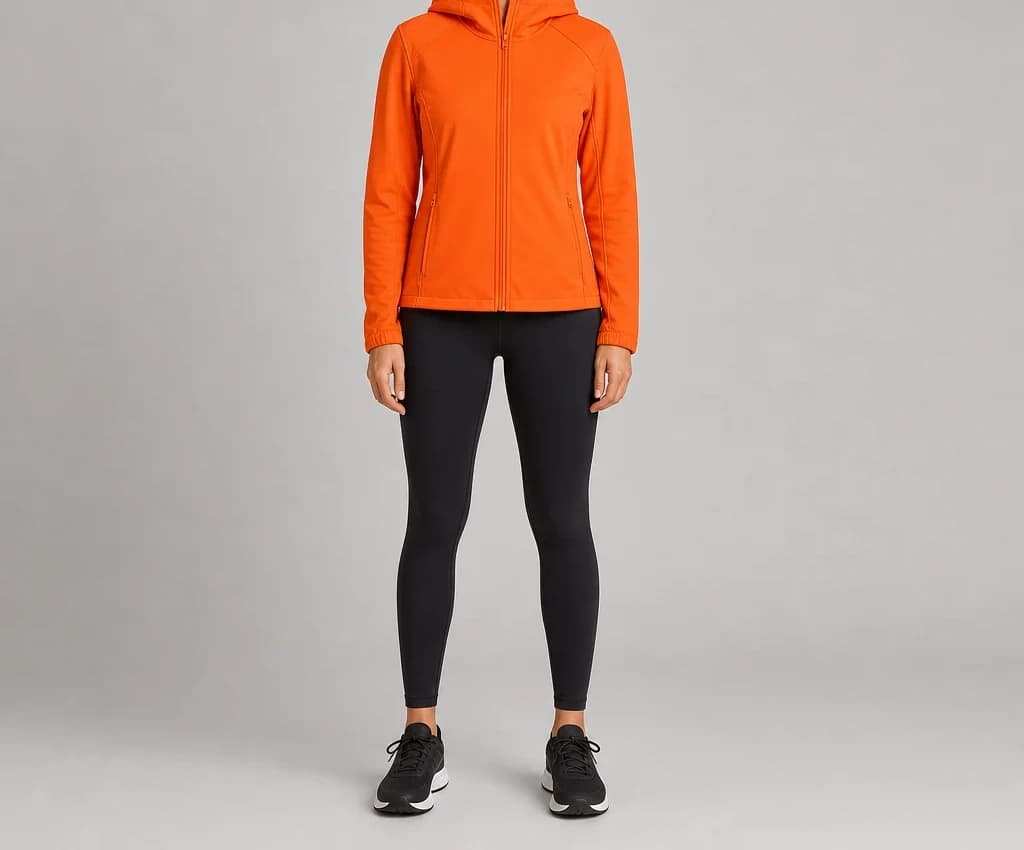 A model in an orange SummitStretch Jacket